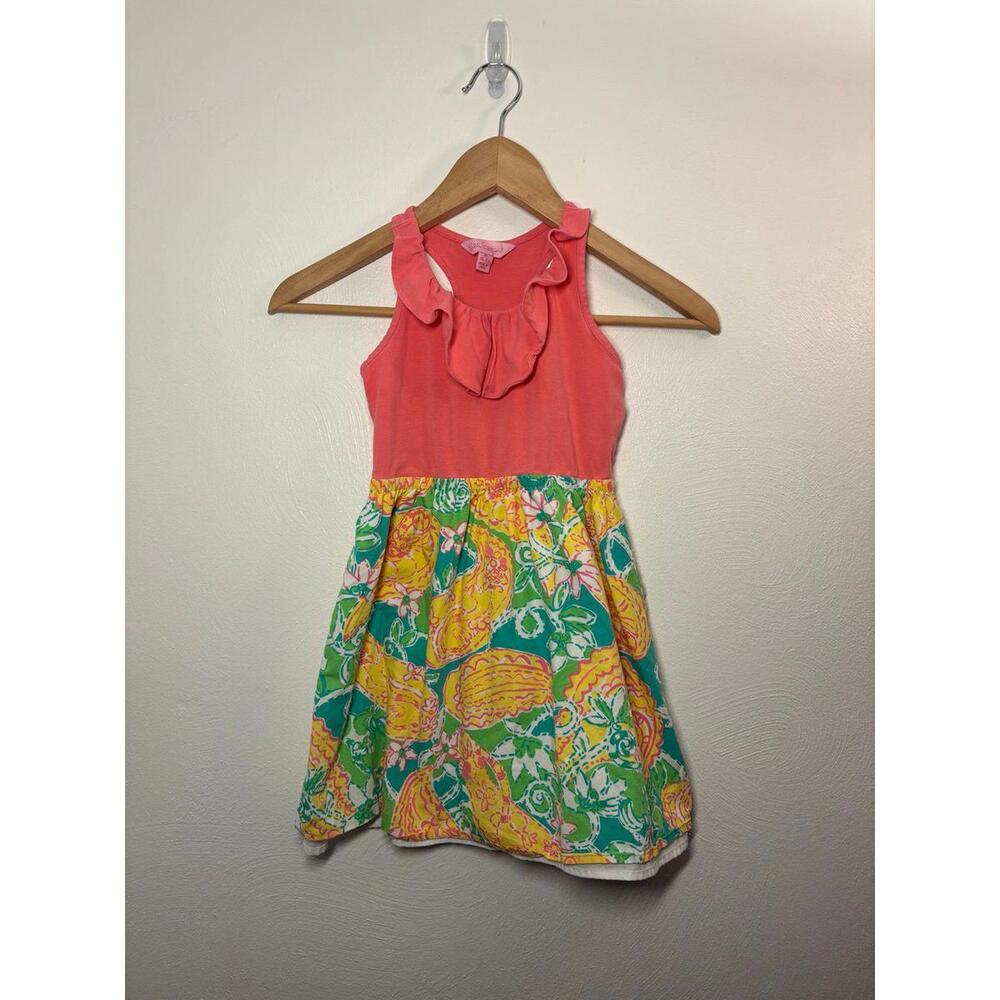 Lilly Pulitzer Coral Ruffle Halter Dress with Yellow & Green Floral Skirt